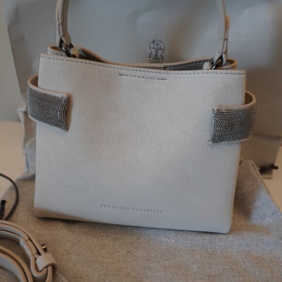 Brunello Cucinelli Essence Bag Small Ivory Suede Top Handle Monili Crossbody New - Picture 8 of 11
